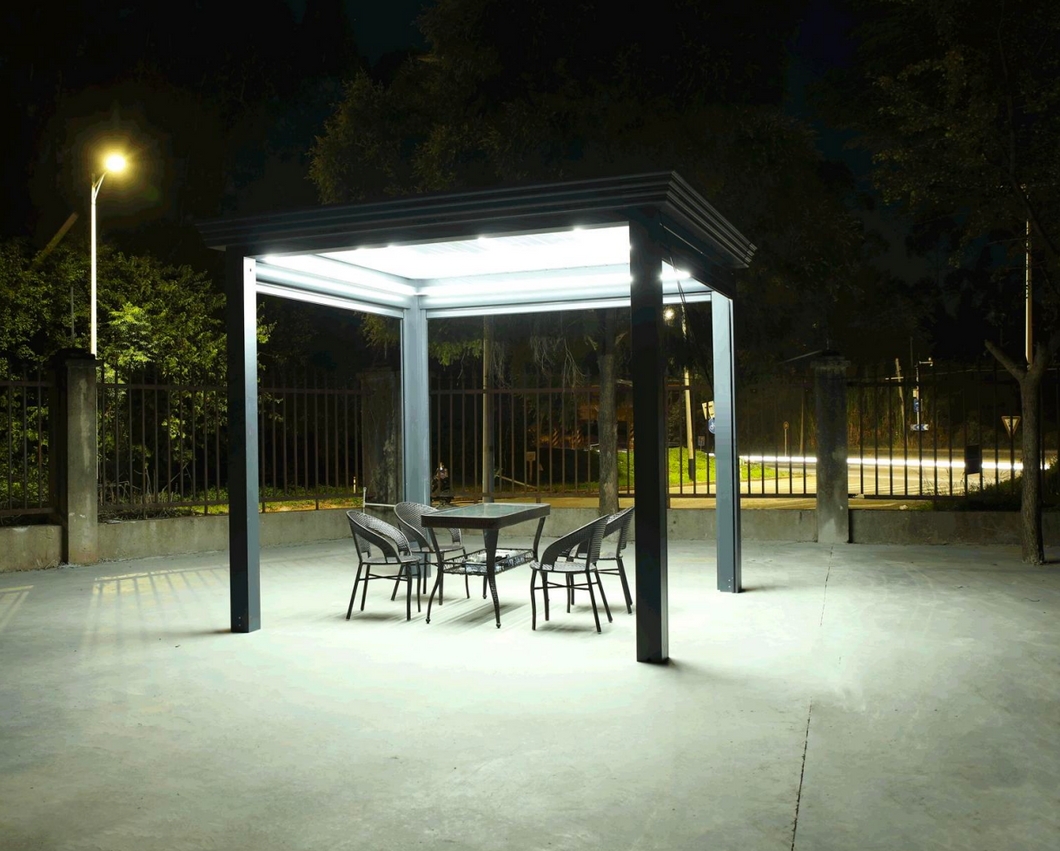 Aluminum Louvered Pergola Shade with Gutter-Night light effect /sqm